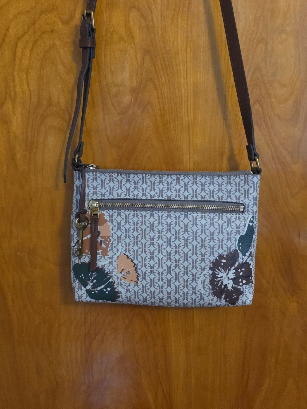 Relic Floral-Print Crossbody Bag in Brown & Cream with Adjustable Strap